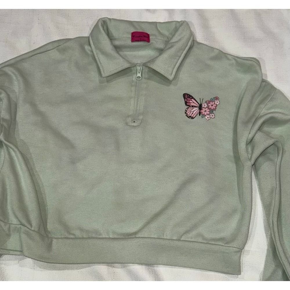 Nicola Bee Junior Crop Sweatshirt Polo 1/4 Zip New York Butterfly Print Green Sm
